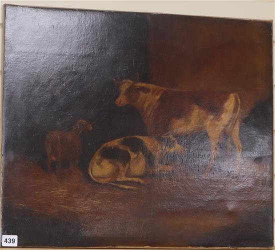 19th century Primitive School Cattle and goat in a stable 50 x 60cm., unframed